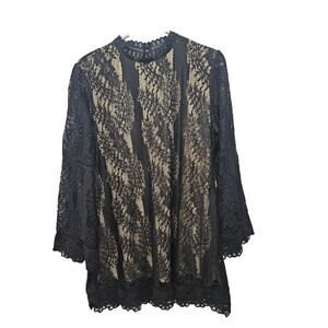 Lumie Black Lace Sheer Dress Nude Lining Gothic Romantic Long Sleeve Size L NWT